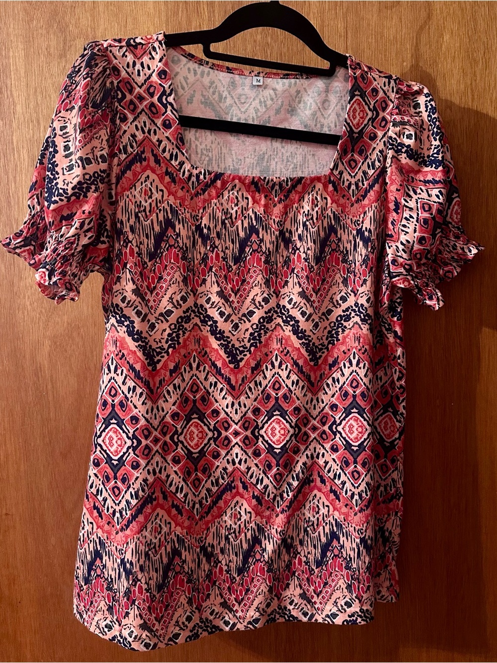 Square Multicolored Patterned Short Sleeve Blouse